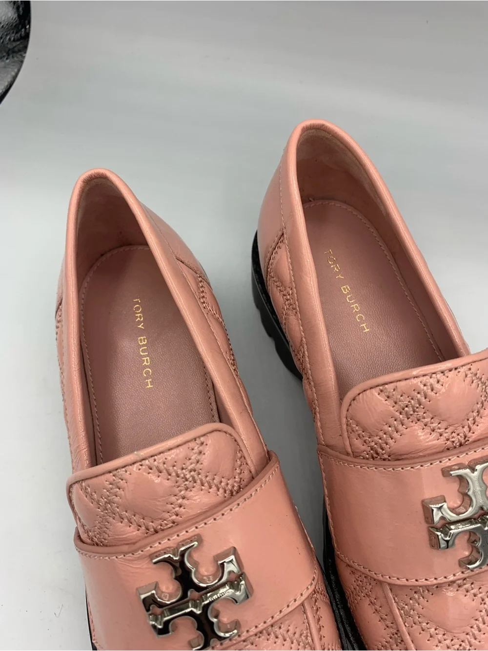 Tory Burch Blush Quilted Leather Loafers with Silver Logo size 5M